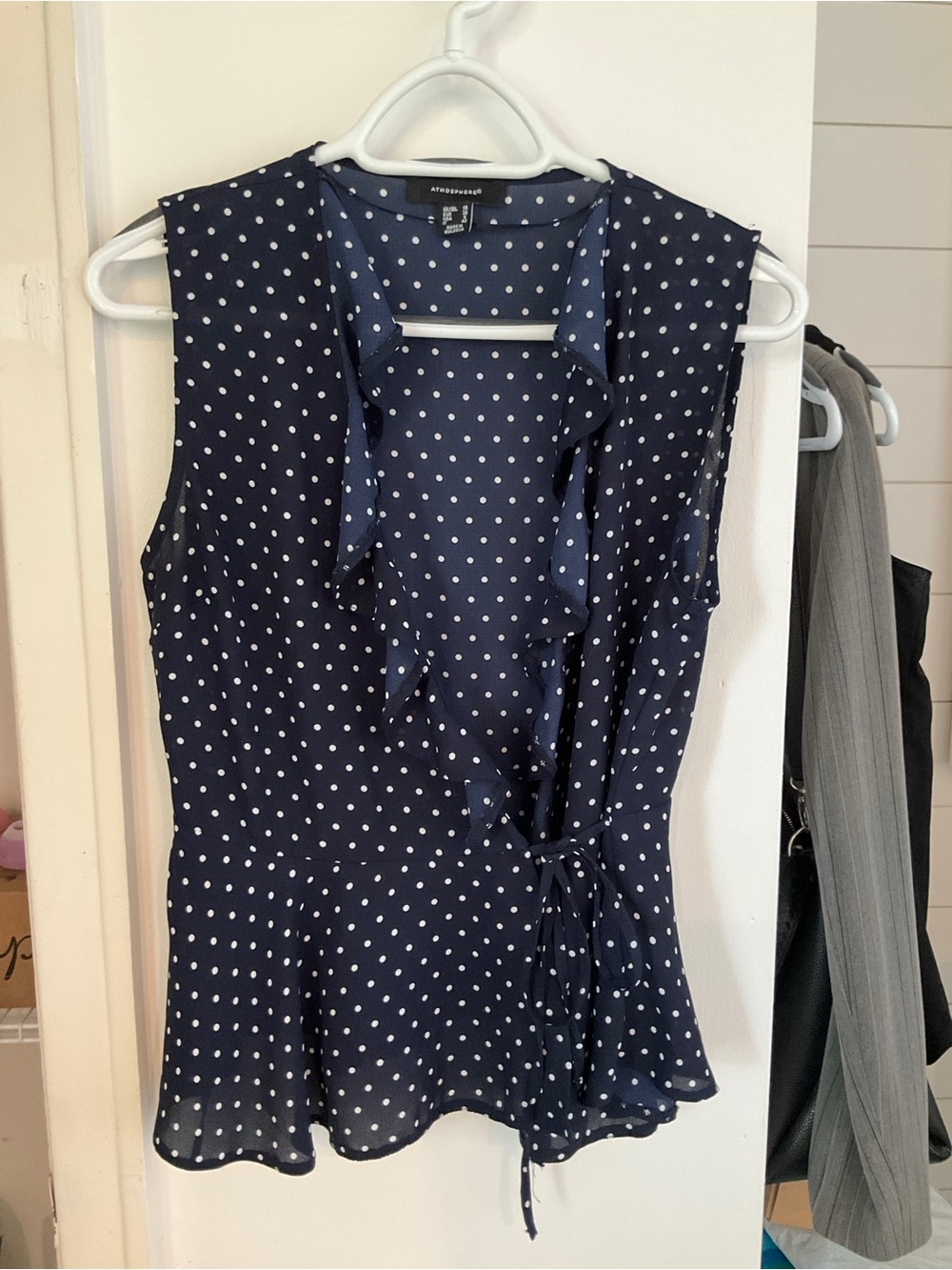 Atmosphere Navy and White Polka Dot Ruffle Wrap Blouse